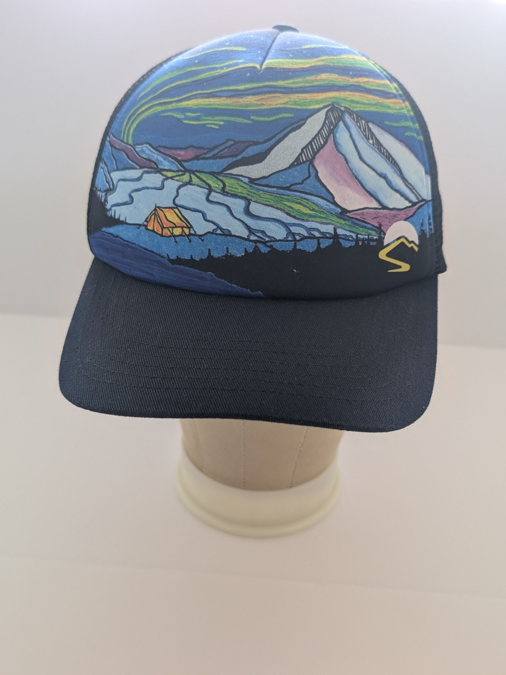 Navy Mountain Landscape Trucker Hat with Colorful Scenic Print